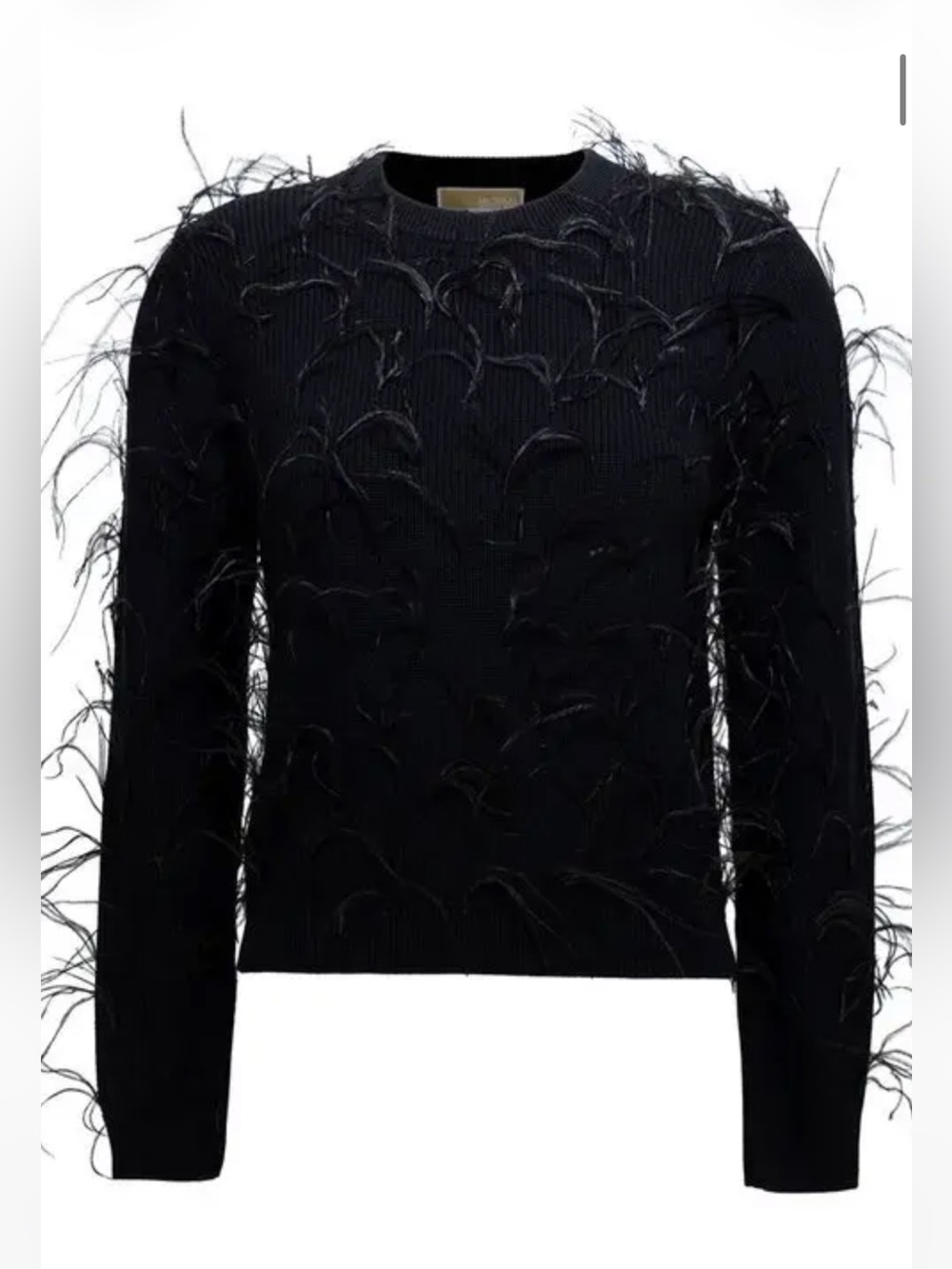 MICHAEL Michael Kors Black Feather-Trim Merino Wool Blend Crewneck Sweater NWT